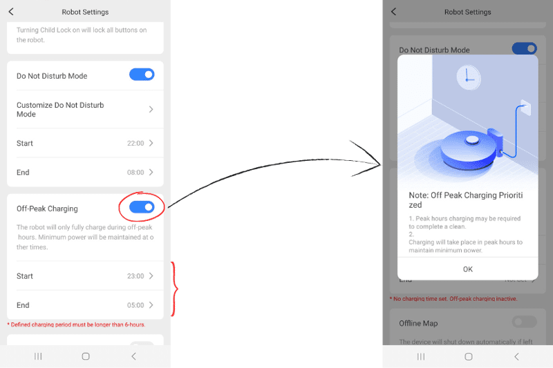 Off peak charging settings on the Roborock app
